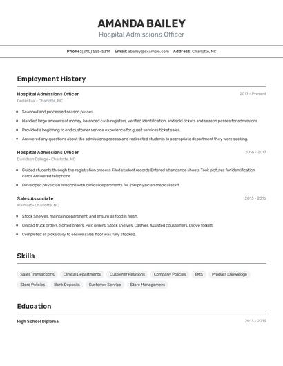 Hospital Admissions Officer Resume