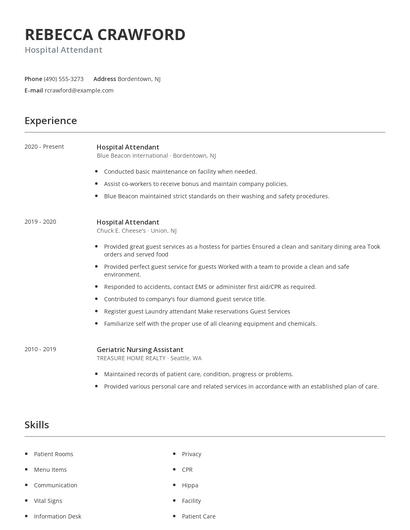 Hospital Attendant Resume