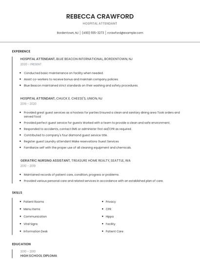 Hospital Attendant Resume