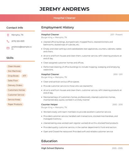 Hospital Cleaner Resume