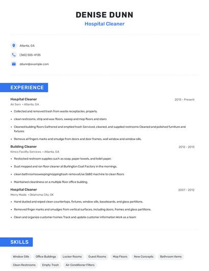 Hospital Cleaner Resume