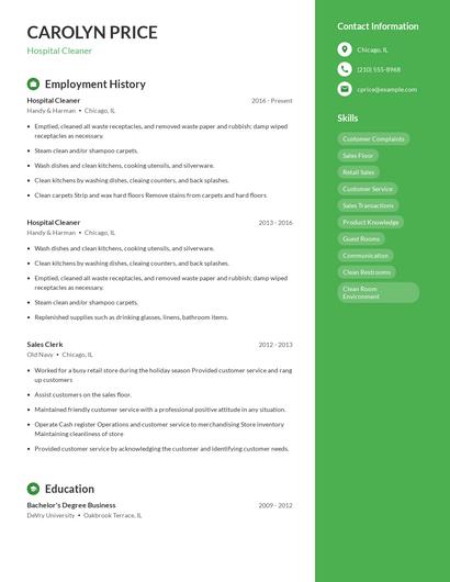 Hospital Cleaner Resume