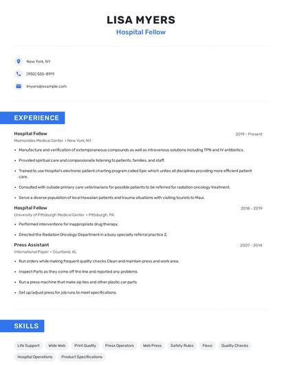 Hospital Fellow Resume