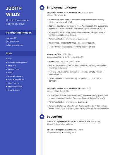 Hospital Insurance Representative Resume