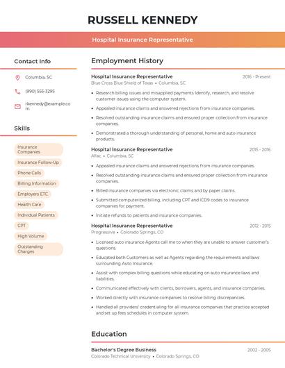 Hospital Insurance Representative Resume