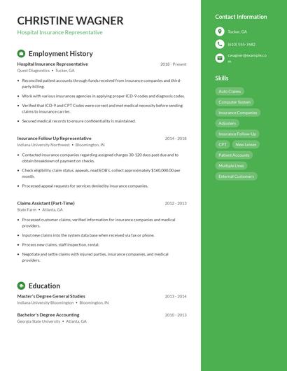 Hospital Insurance Representative Resume