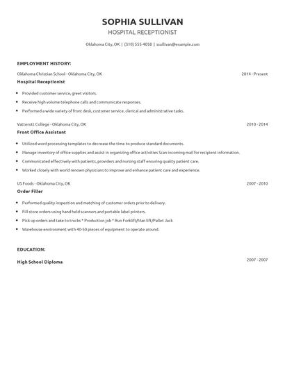 Hospital Receptionist Resume