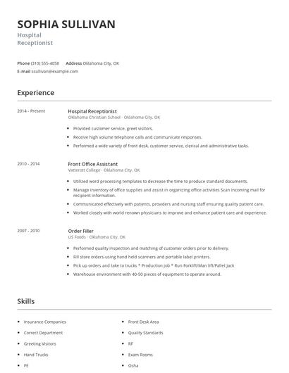 Hospital Receptionist Resume
