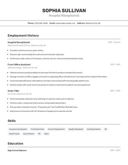 Hospital Receptionist Resume
