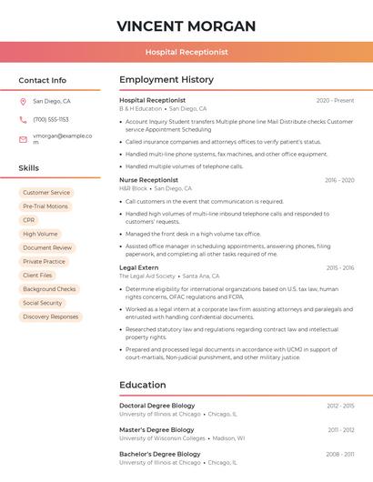 Hospital Receptionist Resume
