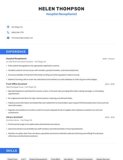 Hospital Receptionist Resume