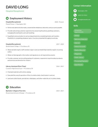Hospital Receptionist Resume