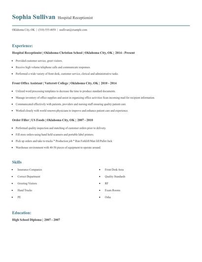 Hospital Receptionist Resume