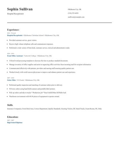 Hospital Receptionist Resume