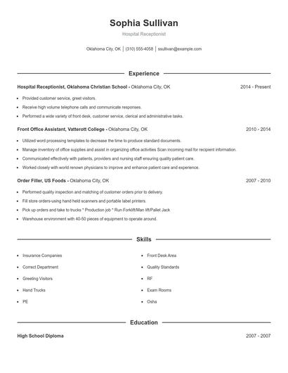 Hospital Receptionist Resume