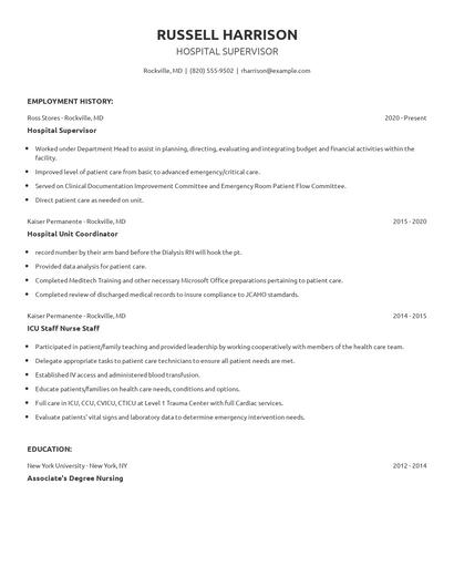 Hospital Supervisor Resume