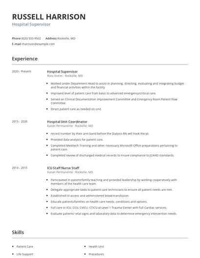 Hospital Supervisor Resume