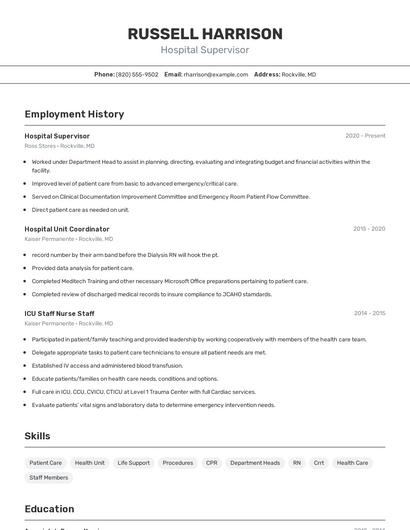 Hospital Supervisor Resume