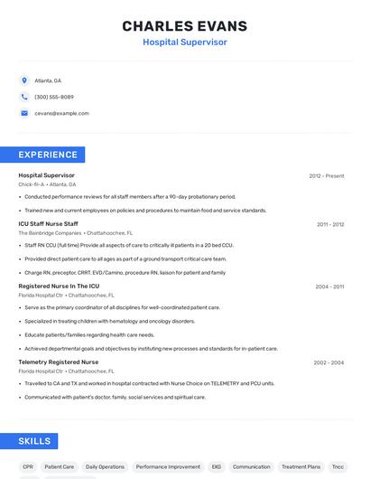 Hospital Supervisor Resume