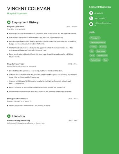 Hospital Supervisor Resume