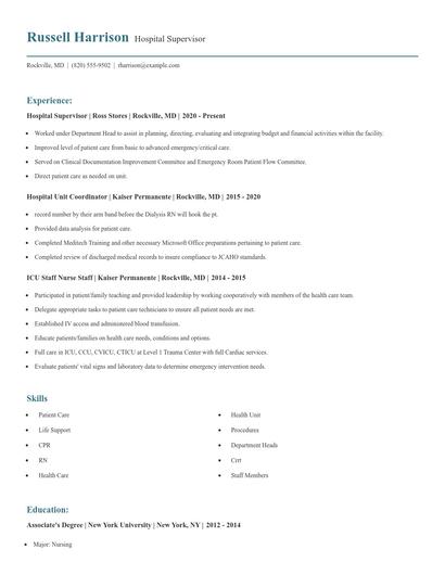Hospital Supervisor Resume