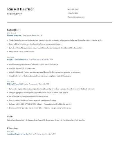 Hospital Supervisor Resume