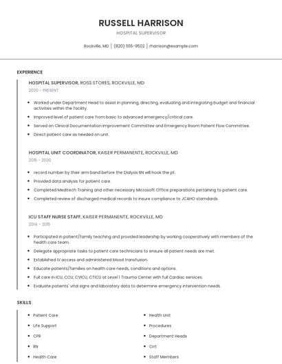 Hospital Supervisor Resume