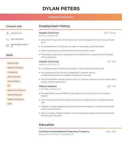 Hospital Technician Resume