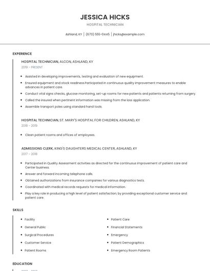 Hospital Technician Resume