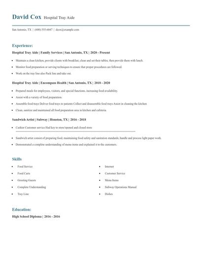 Hospital Tray Aide Resume