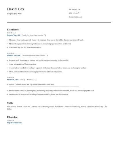 Hospital Tray Aide Resume