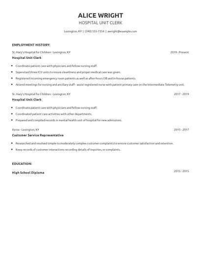Hospital Unit Clerk Resume