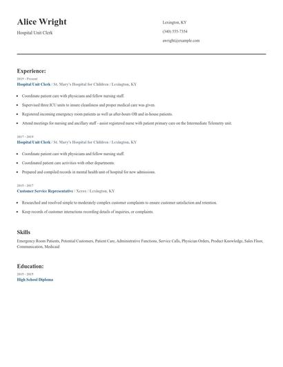 Hospital Unit Clerk Resume