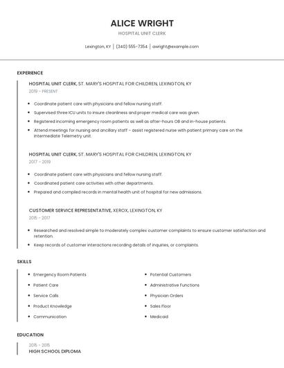 Hospital Unit Clerk Resume