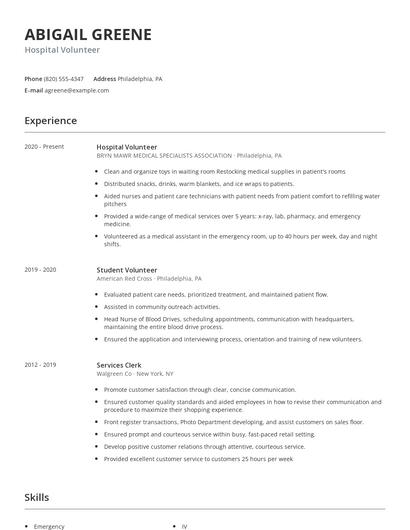 Hospital Volunteer Resume