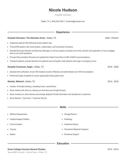 Hospital Volunteer Resume