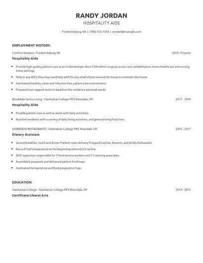 Hospitality Aide Resume