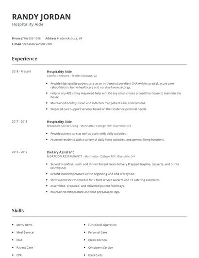 Hospitality Aide Resume