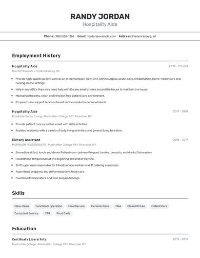 Hospitality Aide Resume