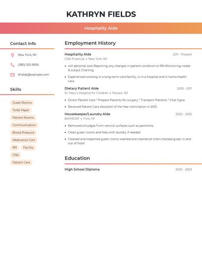 Hospitality Aide Resume