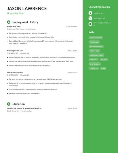 Hospitality Aide Resume