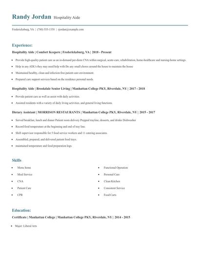 Hospitality Aide Resume
