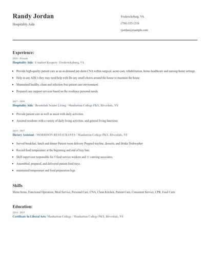 Hospitality Aide Resume