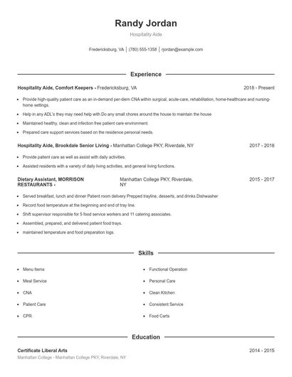 Hospitality Aide Resume
