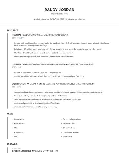 Hospitality Aide Resume