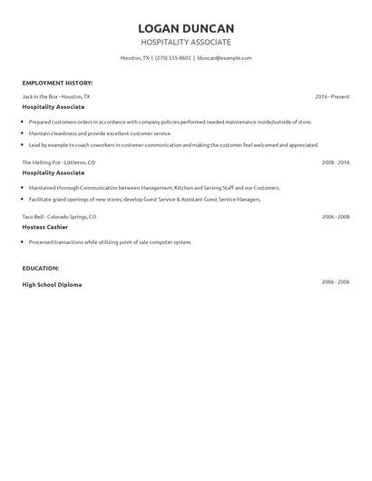 Hospitality Associate Resume