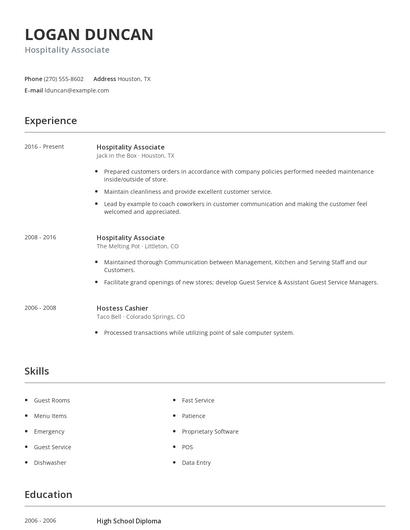 Hospitality Associate Resume