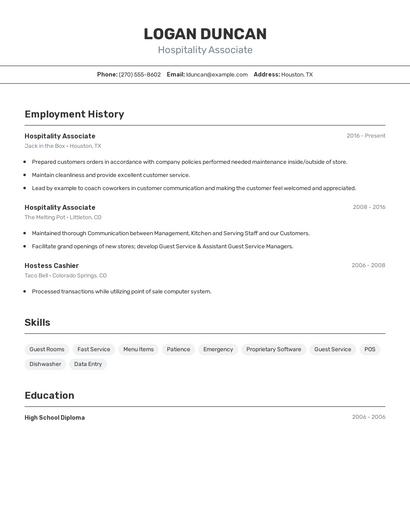 Hospitality Associate Resume