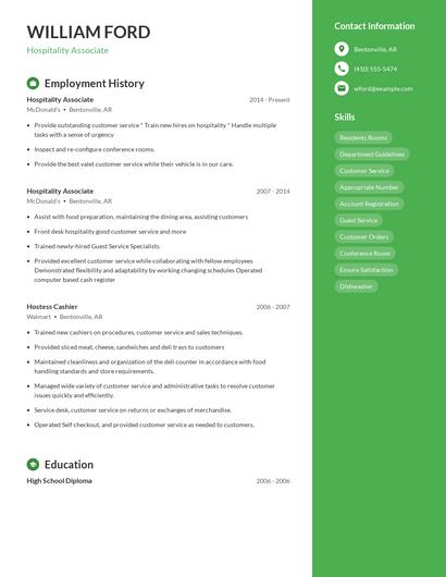 Hospitality Associate Resume