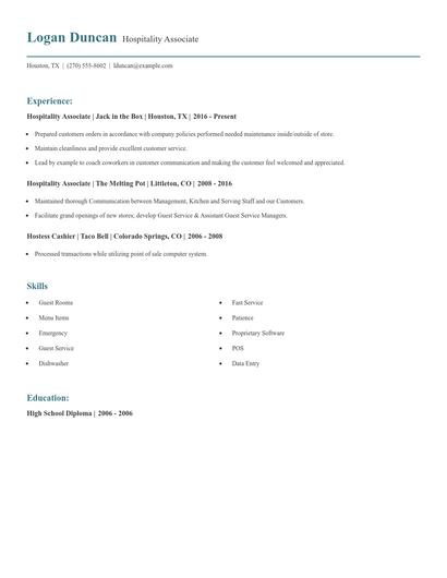 Hospitality Associate Resume